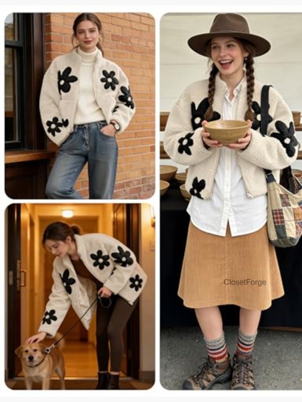 Womens Floral Sherpa Fleece Jacket Cropped Zip Up Long Sleeve Casual Winter - Picture 5 of 7